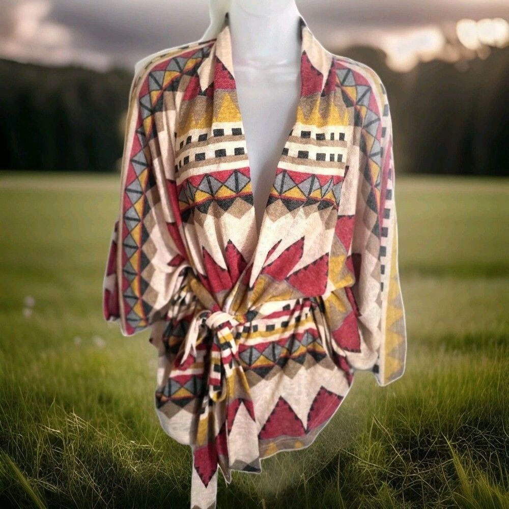 Freeway Aztec Western Boho Southwestern Sante Fe Belted Cape Cardigan L